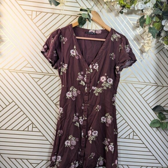 Abercrombie and Fitch Women's Plum Floral Button Down Mini Dress Tie Back Size M - Picture 1 of 7